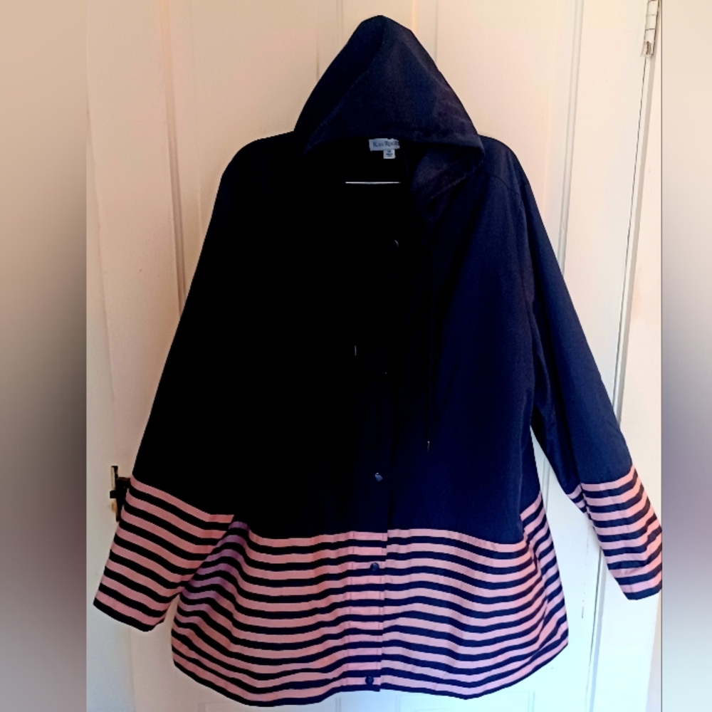 KIM ROGERS Navy/white 3/4 Hood  Raincoat Water repellent Swing Jacket Coat 2X
